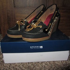 Sperry black leopard wedges 8.5